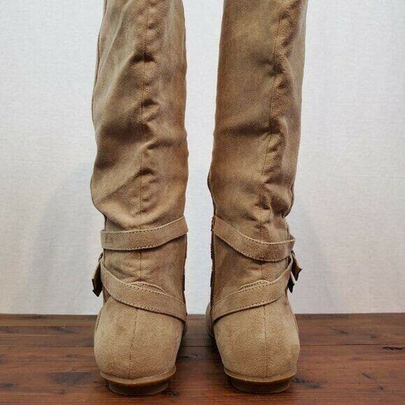 JustFab‎ Womens Boots 7 Brown Suede Knee High Zip Up Flat Pull-On Almond Toe - Picture 3 of 10